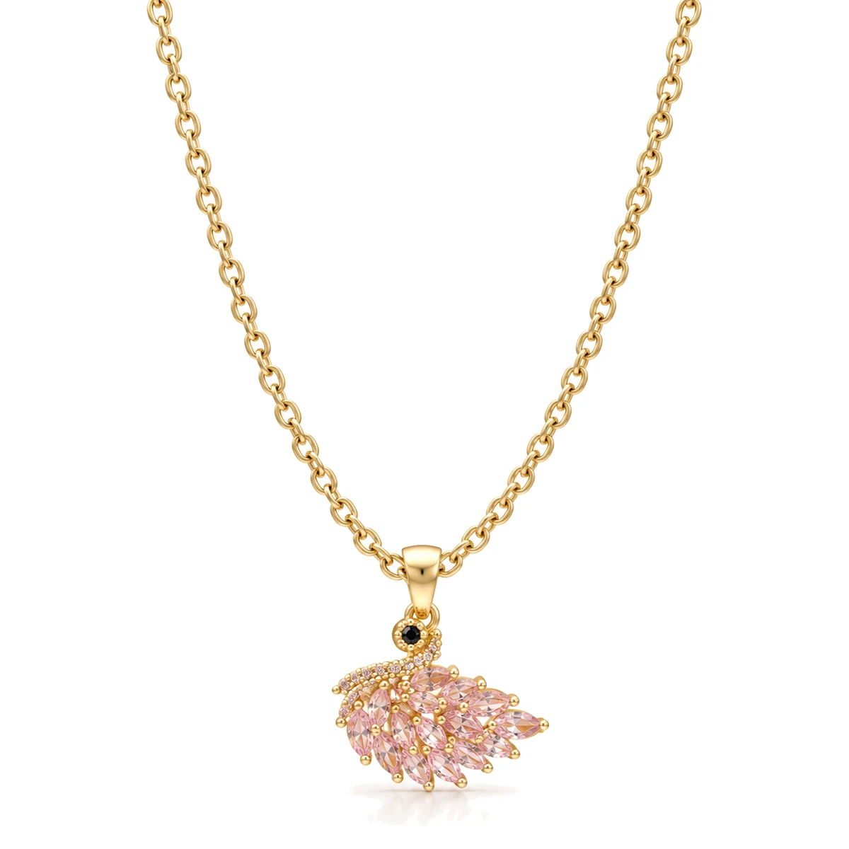 Pink Crystal Swan Pendant Necklace – Gold-Tone Chain with Marquise Stones - Front