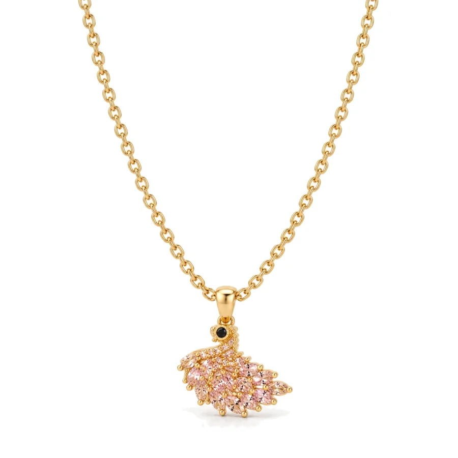 Pink Crystal Swan Pendant Necklace – Gold-Tone Chain with Marquise Stones - Detail