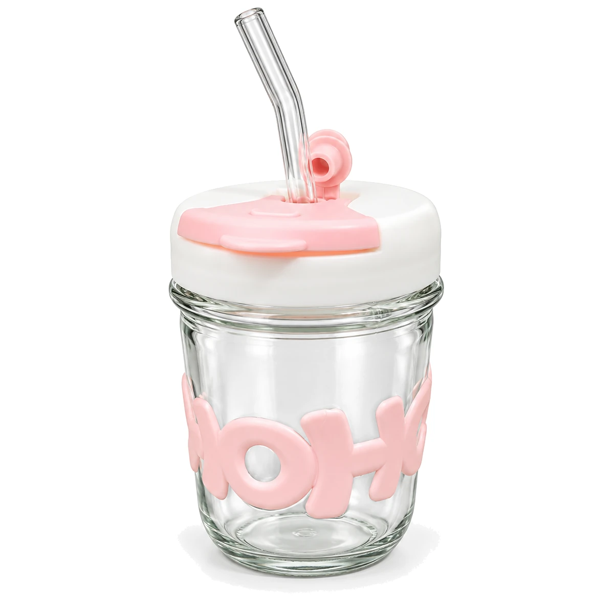 Pink Glass Cup with Straw & Lid – 350ml Iced Coffee Tumbler with Glass Straw - With Straw