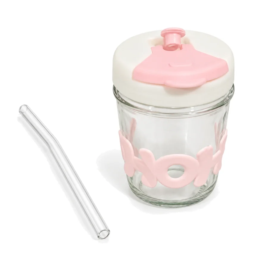 Pink Glass Cup with Straw & Lid – 350ml Iced Coffee Tumbler with Glass Straw - Lid And Straw