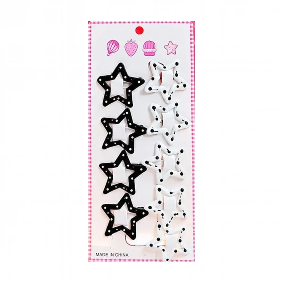Card of ten black and white polka dot star snap hair clips