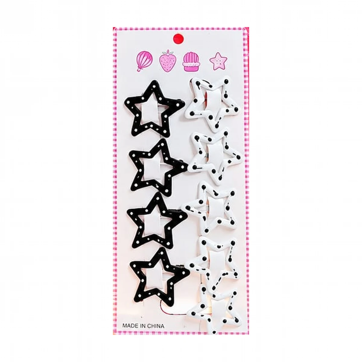 Card of ten black and white polka dot star snap hair clips
