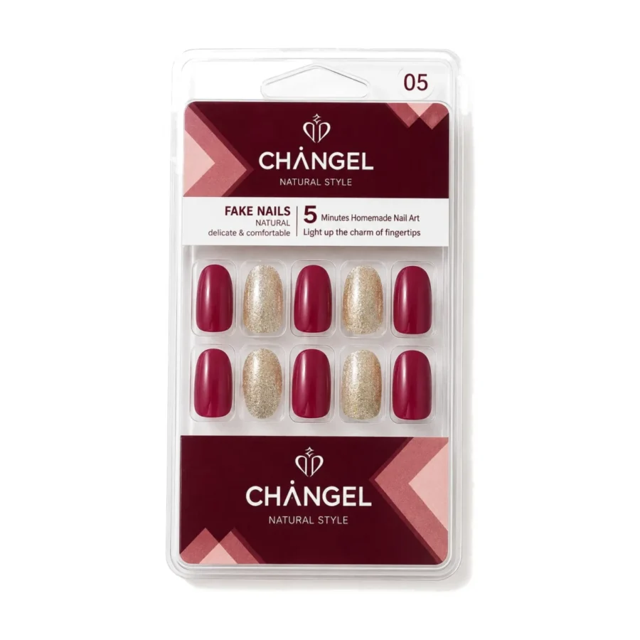 Press-on fake nails in burgundy and gold glitter design - Trendiest Store