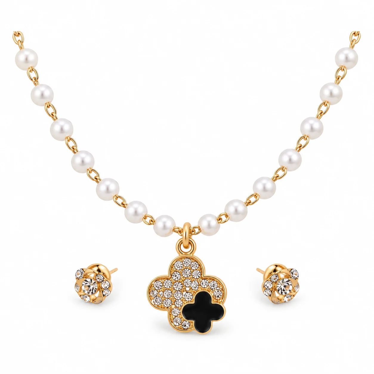 White Pearl Clover Necklace & Earrings Set – Elegant Jewellery Gift Set