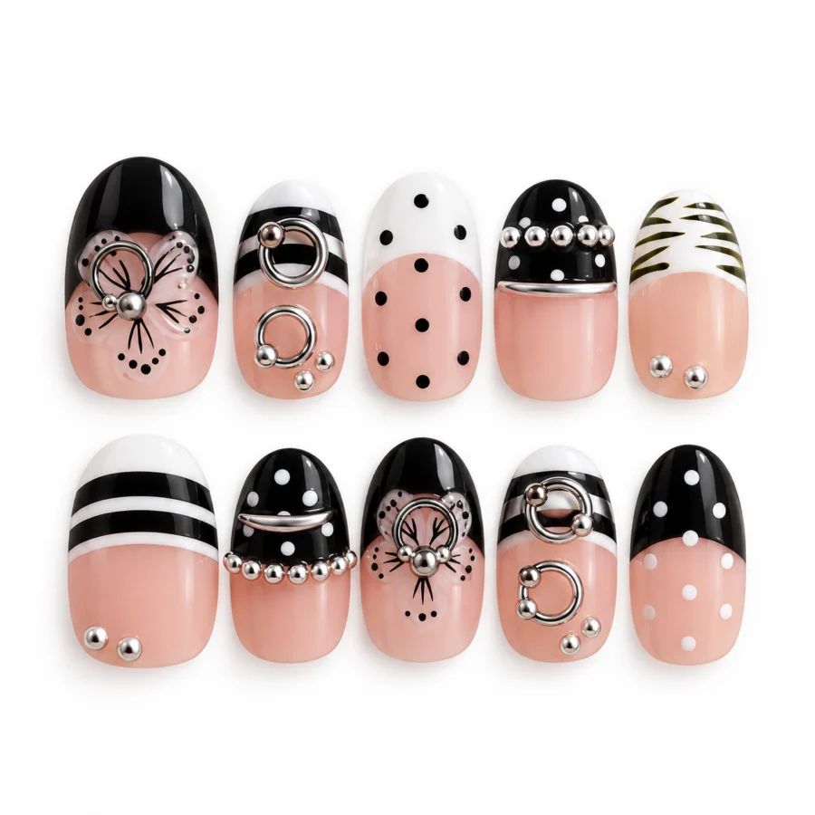 Black Polka & Stripe Press-On Nails – 10-Piece Statement Fake Nail Set