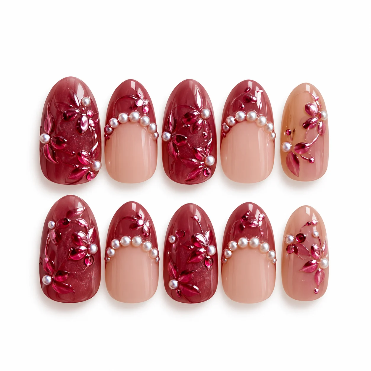Burgundy Floral Pearl Press-On Nails – 10-Piece Fake Nail Set