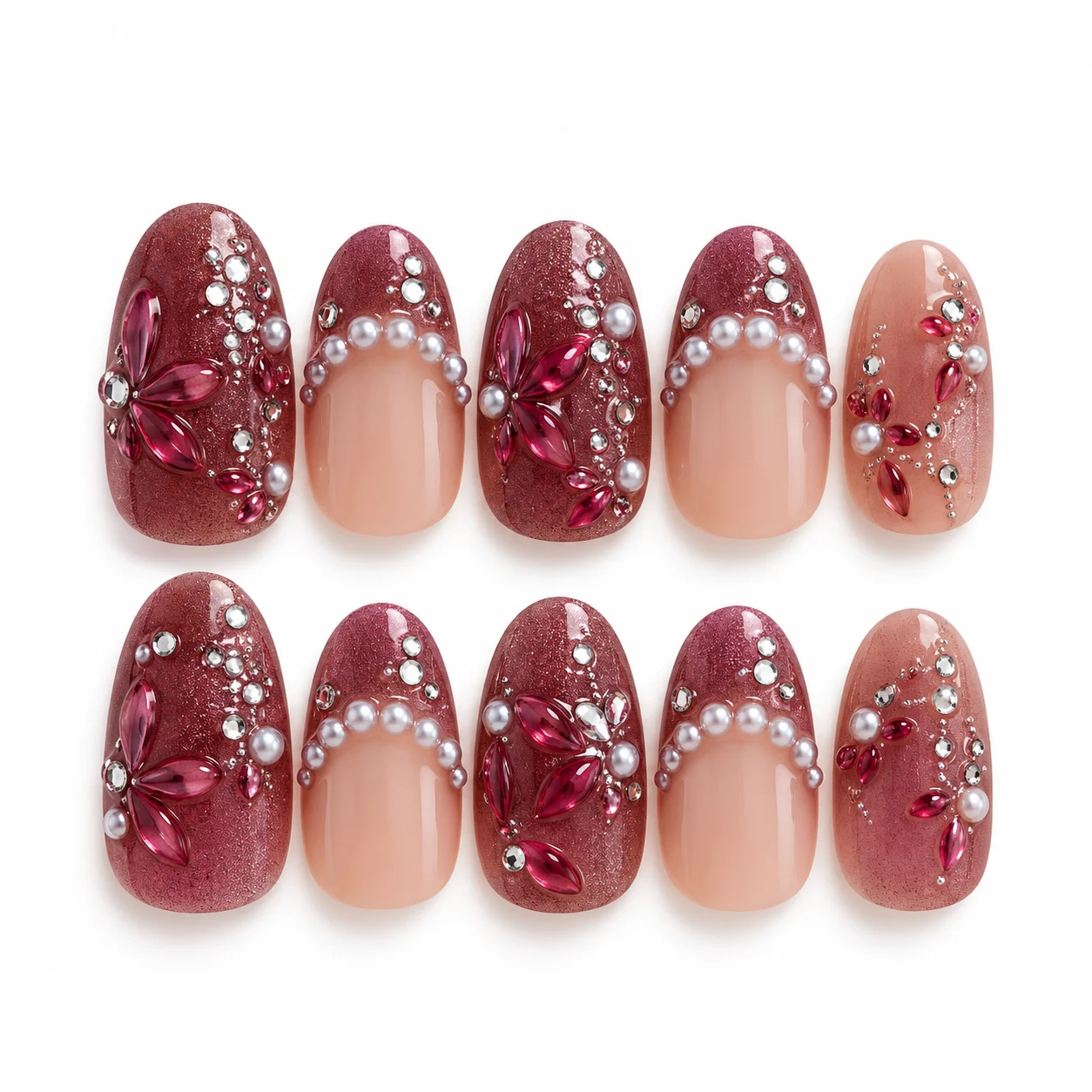 Burgundy Pearl Beaded Press-On Nails – 10-Piece Fake Nail Set