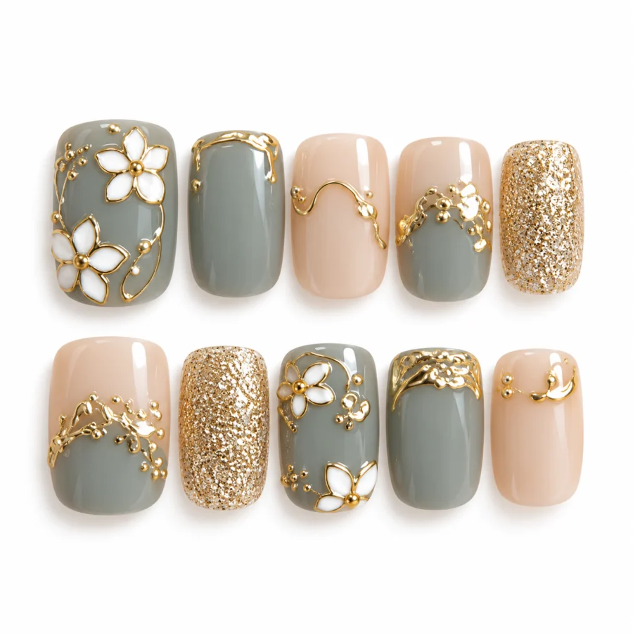 Sage Grey & Gold Floral Press-On Nails – 10-Piece Fake Nail Set