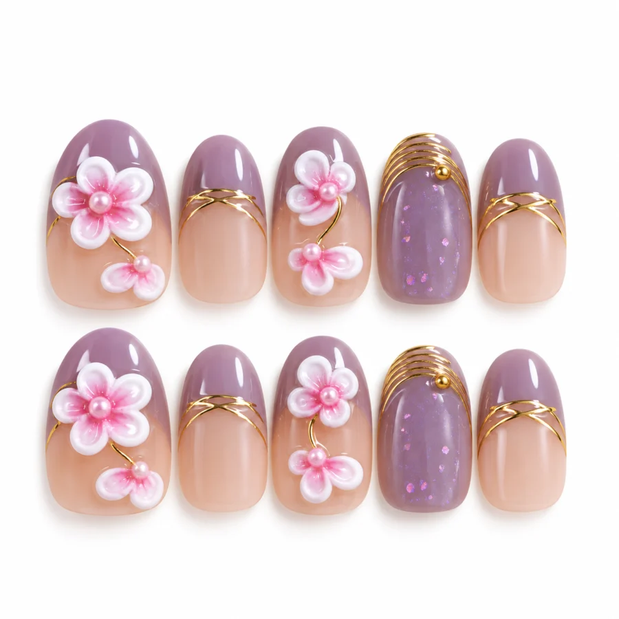Lavender Butterfly Flower Press-On Nails – 10-Piece Fake Nail Set