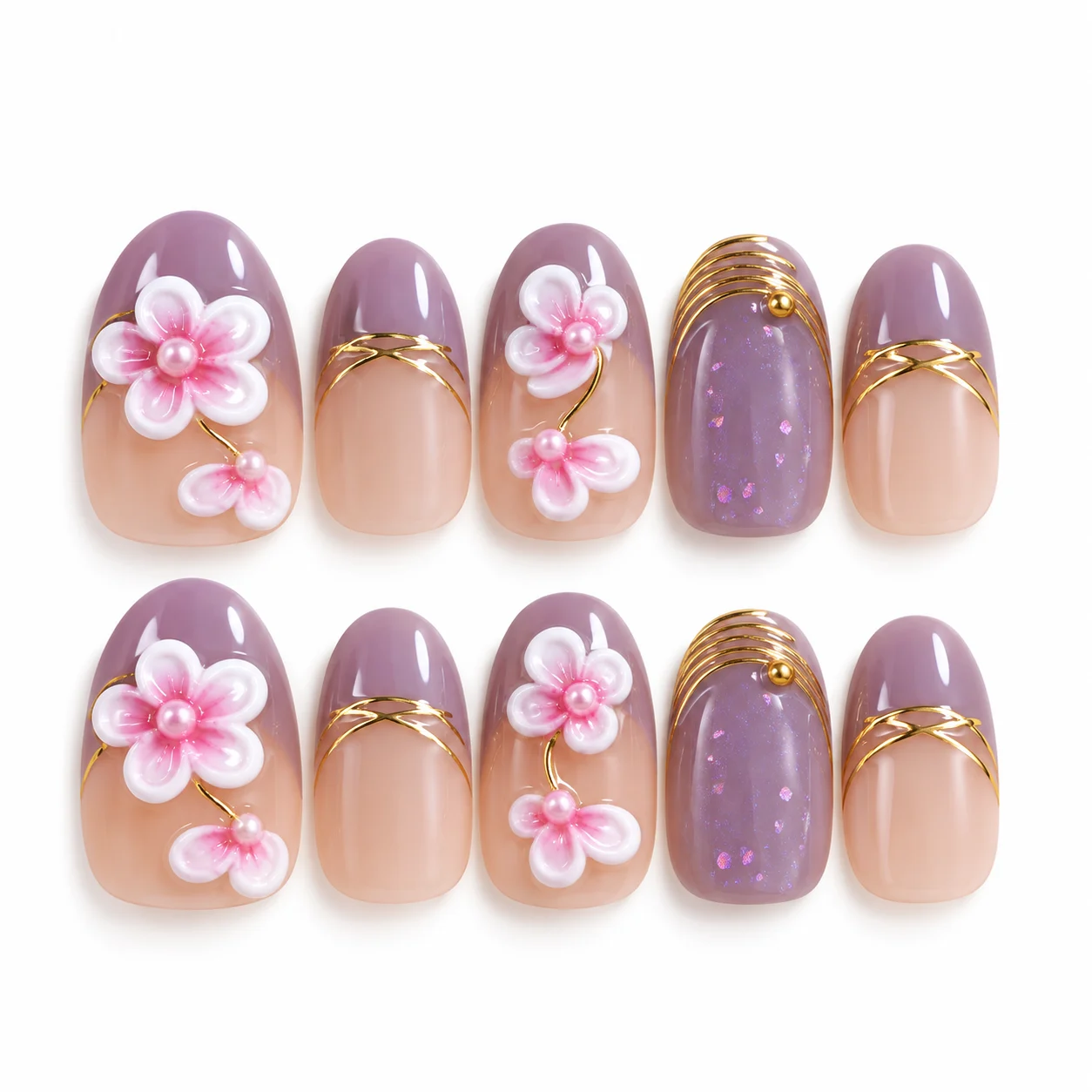 Lavender Butterfly Flower Press-On Nails – 10-Piece Fake Nail Set