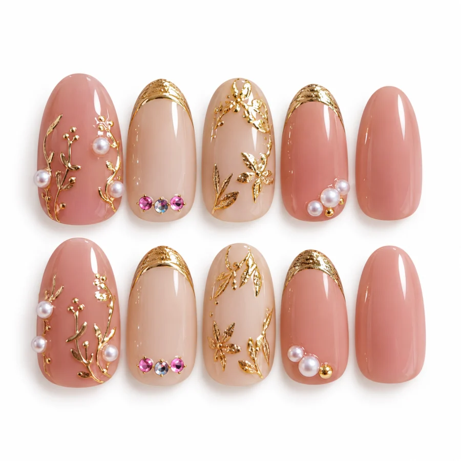Nude Pearl & Gold Leaf Press-On Nails – 10-Piece Fake Nail Set