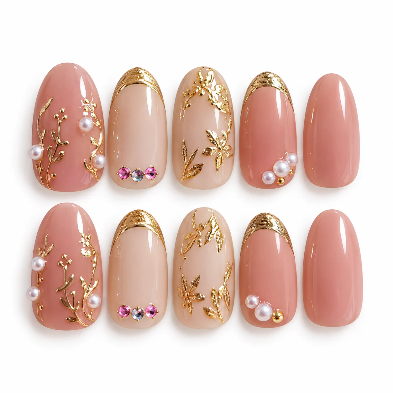 Nude Pearl & Gold Leaf Press-On Nails – 10-Piece Fake Nail Set