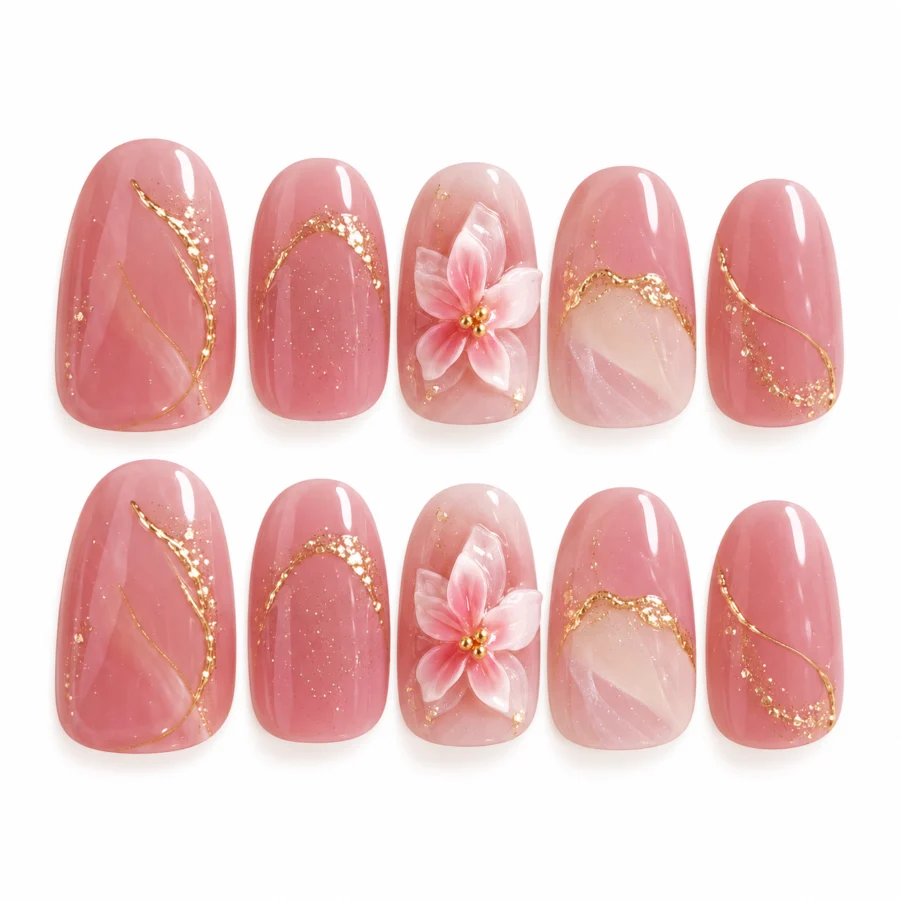 Soft Pink Gold Flower Press-On Nails – 10-Piece Fake Nail Set