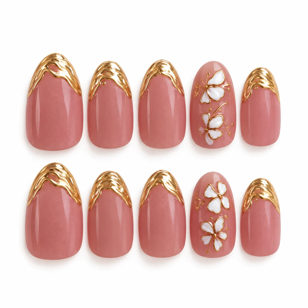 Pink White Flower Gold Press-On Nails – 10-Piece Fake Nail Set